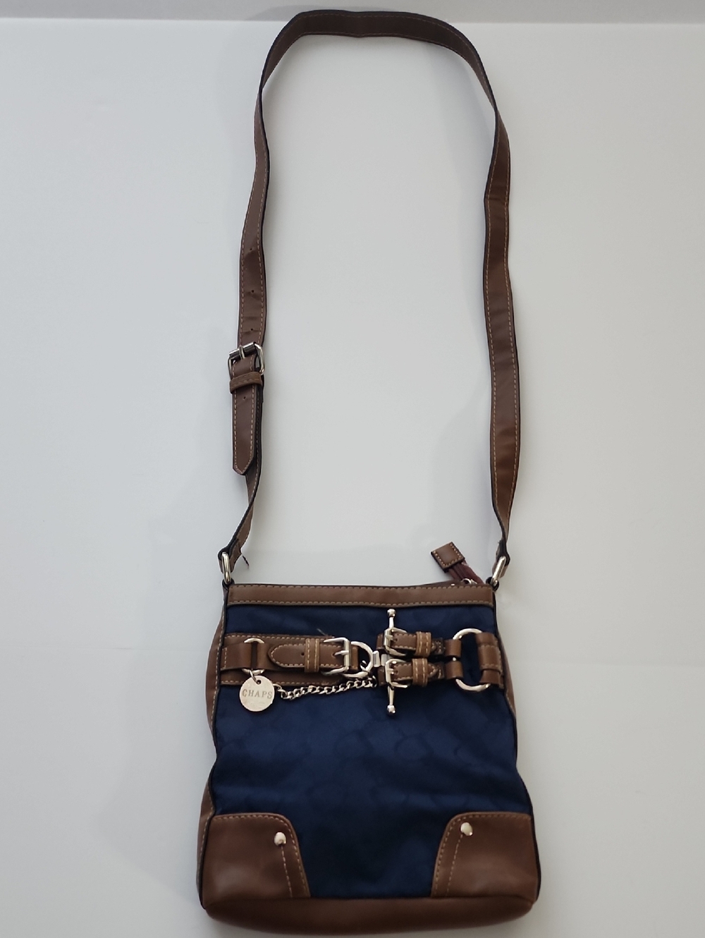 Chaps Navy and Brown Crossbody with Buckle & Chain Detail